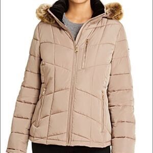 Calvin Klein Faux Fur-Trim Short Puffer Coat. Tan